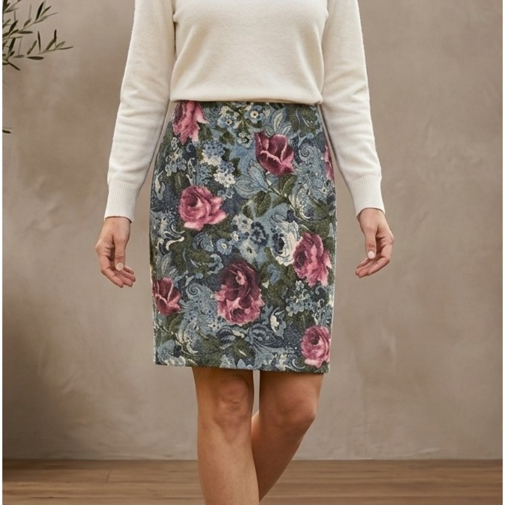 J. Jill S Floral Tapestry Ponte Knit Straight Pencil Skirt Pull-On Green Blue